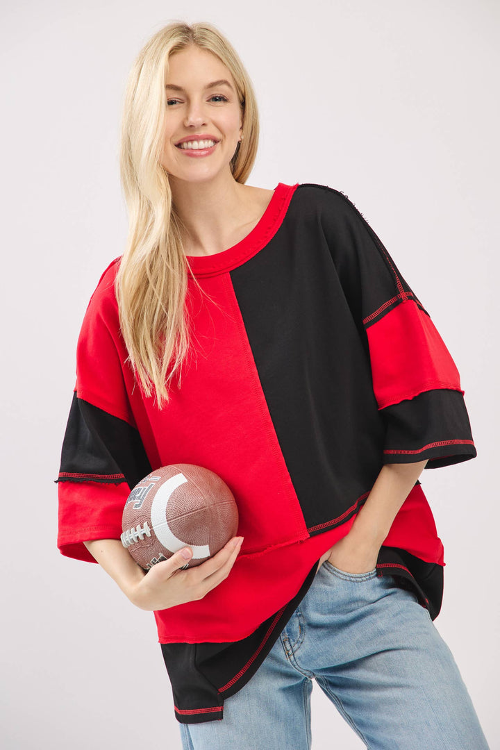 Oversized Color Block Top with Embroidered BULLDOGS & HOLIDAY