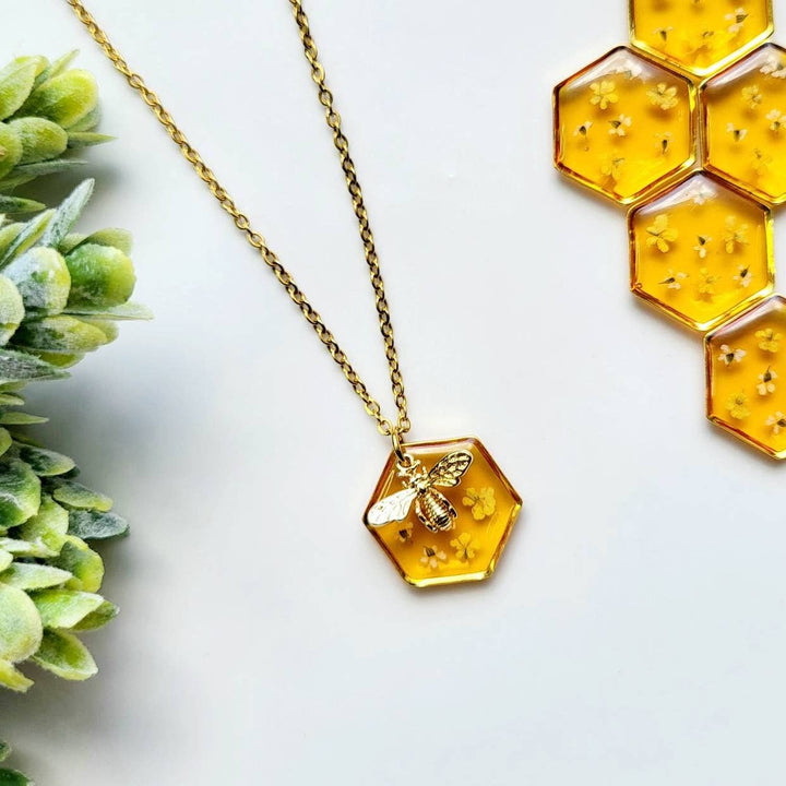Gold Honey Bee Hexagon Pendant with Real Flower