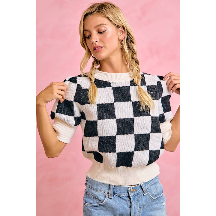 **PreOrder** GAMEDAY THEME CHECKER PATTERNED PUFF SLEEVES KNIT TOP