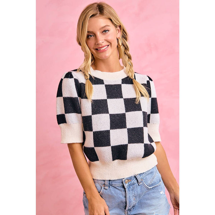 **PreOrder** GAMEDAY THEME CHECKER PATTERNED PUFF SLEEVES KNIT TOP