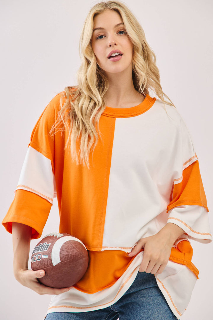 Oversized Color Block Top with Embroidered BULLDOGS & HOLIDAY