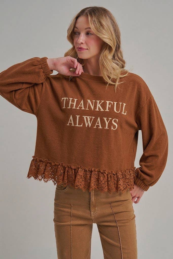 THANKFUL ALWAYS EMBROIDERED THANKSGIVING TOP