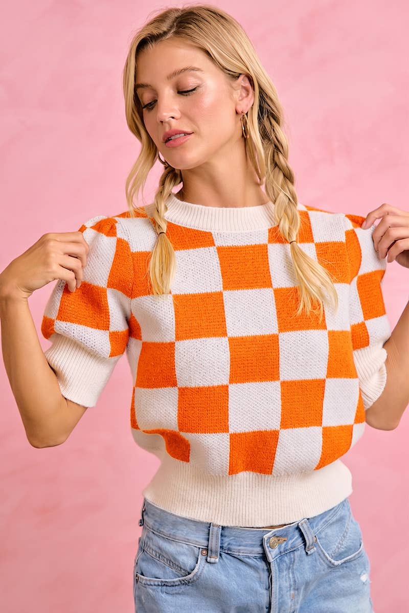 **PreOrder** GAMEDAY THEME CHECKER PATTERNED PUFF SLEEVES KNIT TOP