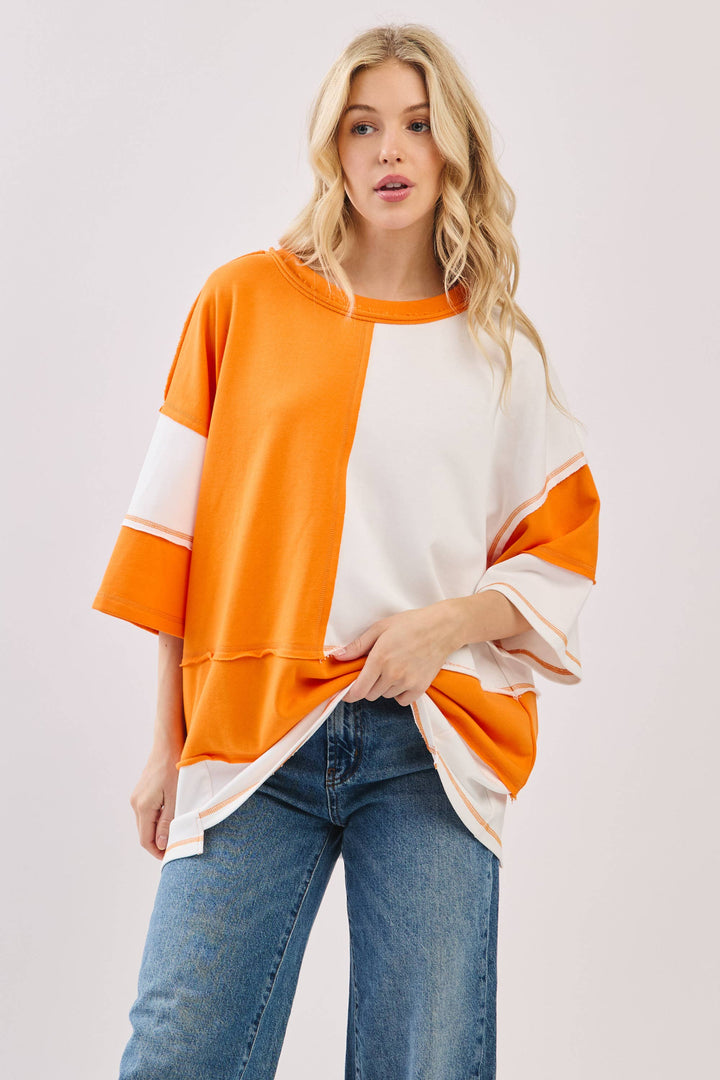 Oversized Color Block Top with Embroidered BULLDOGS & HOLIDAY