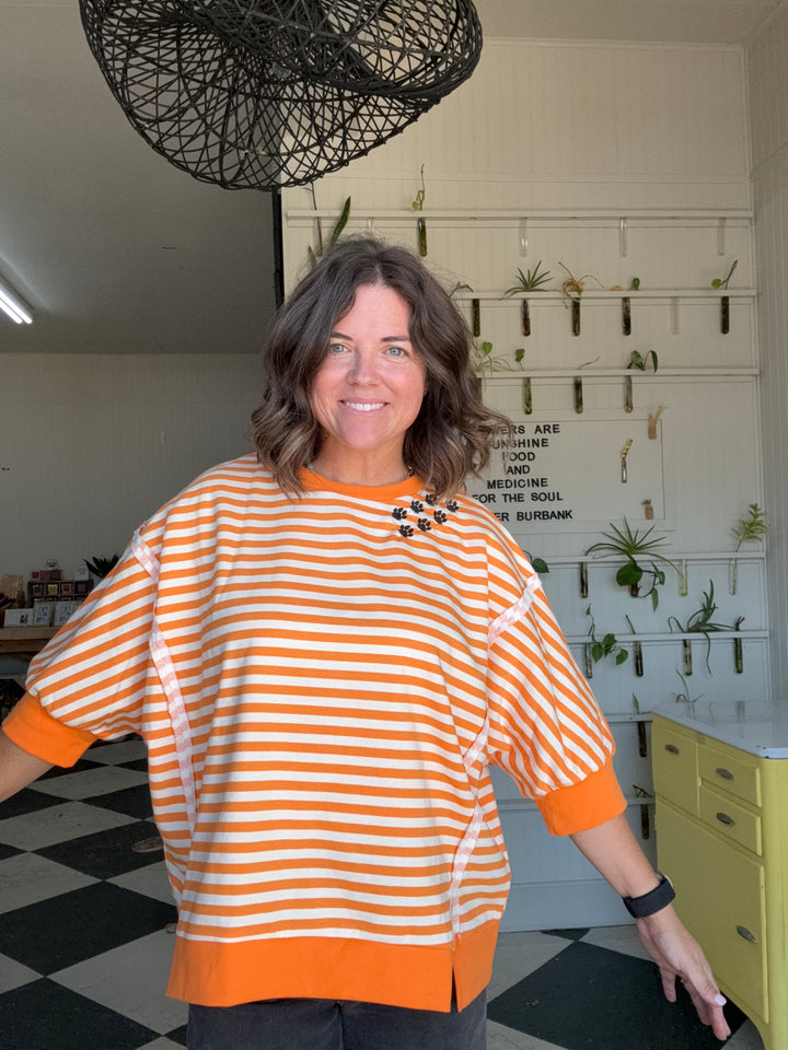 STRIPE TERRY SHORT SLEEVES OPEN SEAM DETAIL TOP
