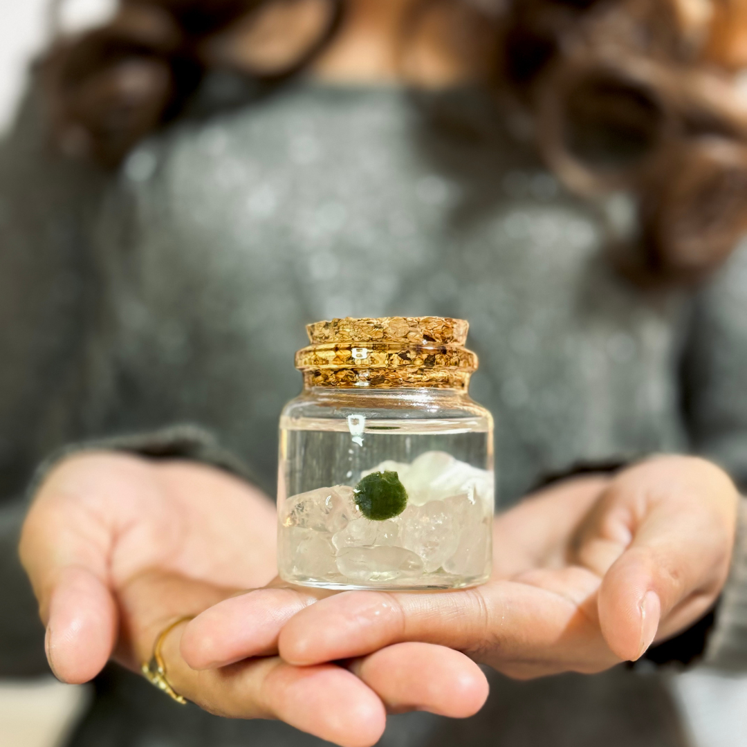 Small Marimo Moss Ball Terrarium with Clear Quartz Gemstones