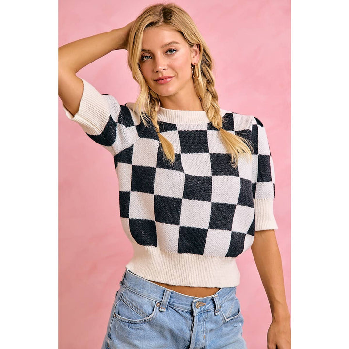 **PreOrder** GAMEDAY THEME CHECKER PATTERNED PUFF SLEEVES KNIT TOP