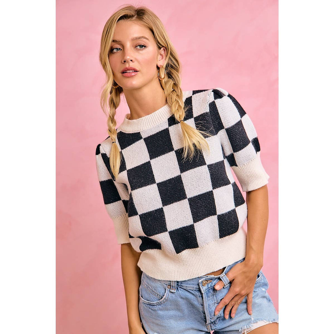 **PreOrder** GAMEDAY THEME CHECKER PATTERNED PUFF SLEEVES KNIT TOP
