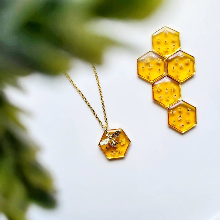 Gold Honey Bee Hexagon Pendant with Real Flower