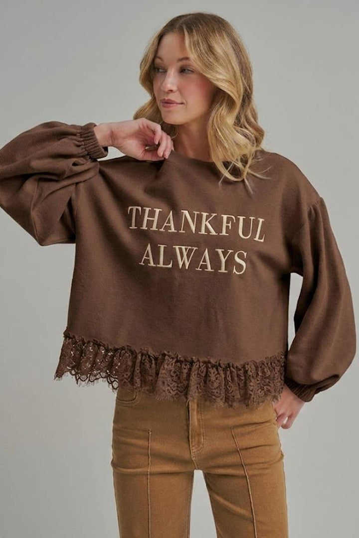 THANKFUL ALWAYS EMBROIDERED THANKSGIVING TOP