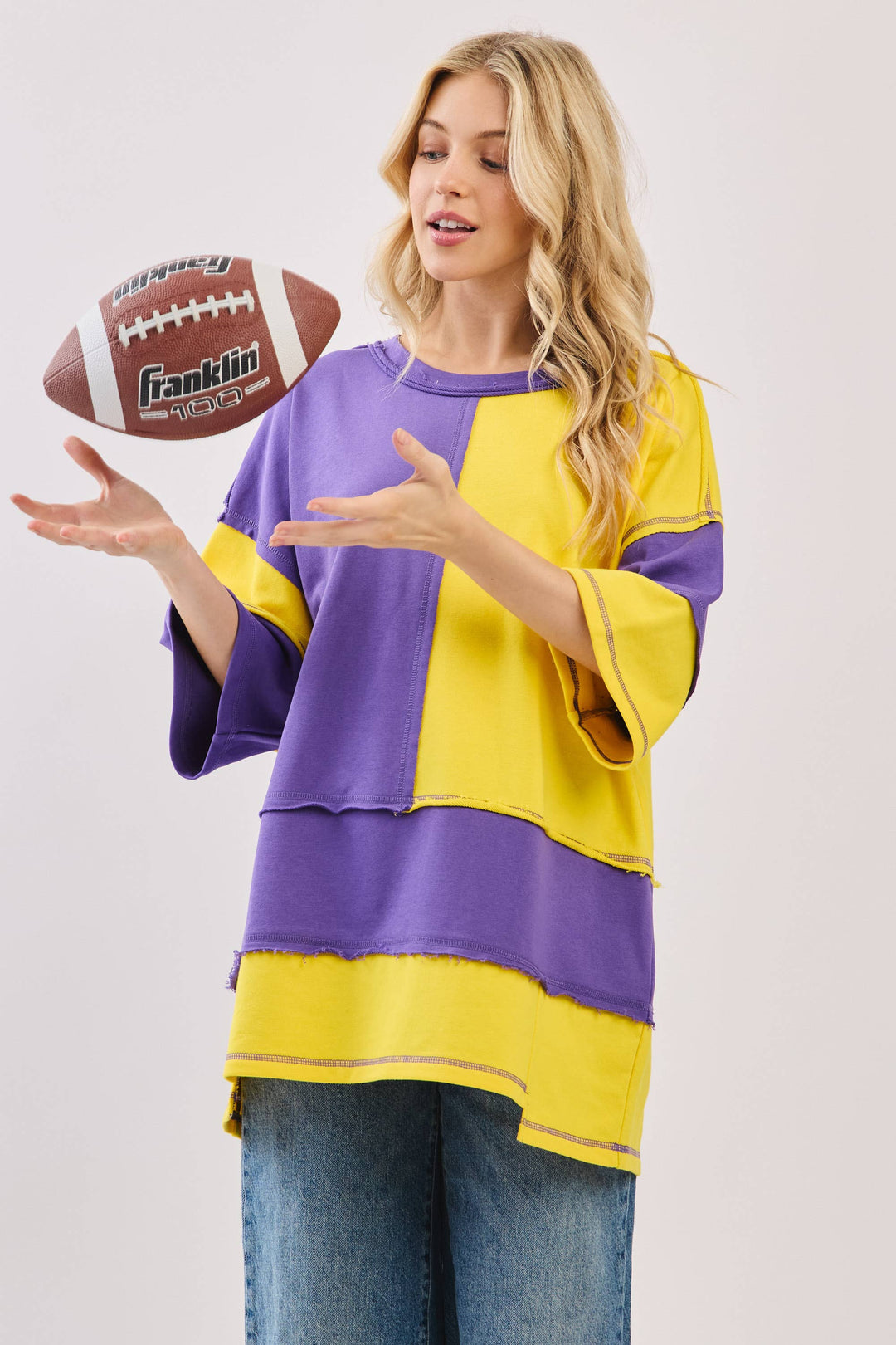 Oversized Color Block Top with Embroidered BULLDOGS & HOLIDAY