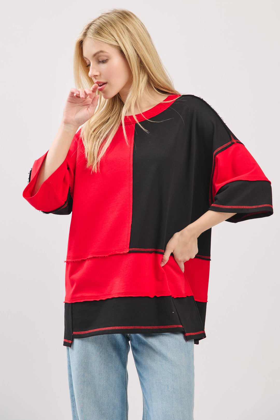 Oversized Color Block Top with Embroidered BULLDOGS & HOLIDAY