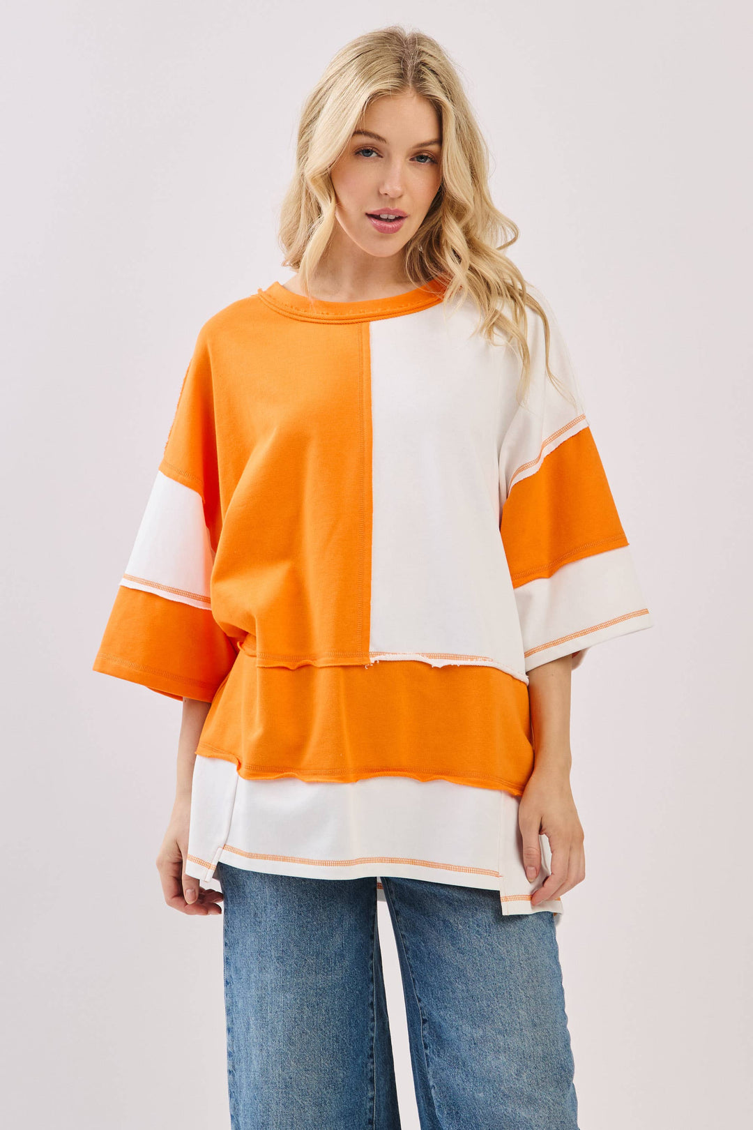 Oversized Color Block Top with Embroidered BULLDOGS & HOLIDAY
