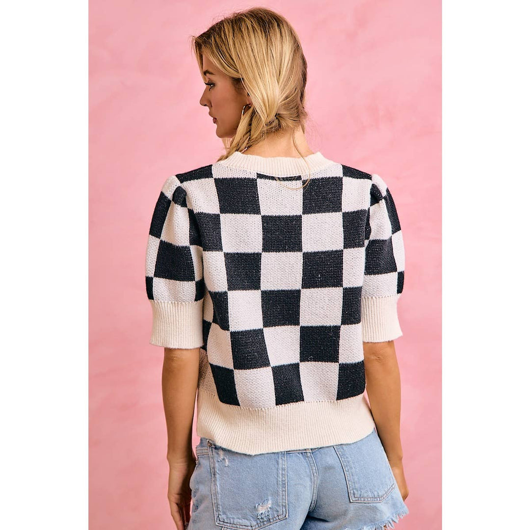 **PreOrder** GAMEDAY THEME CHECKER PATTERNED PUFF SLEEVES KNIT TOP