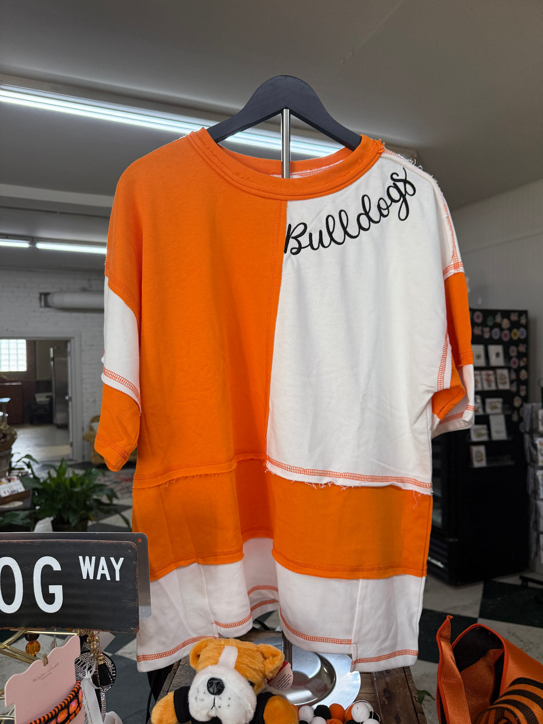 Oversized Color Block Top with Embroidered BULLDOGS & HOLIDAY