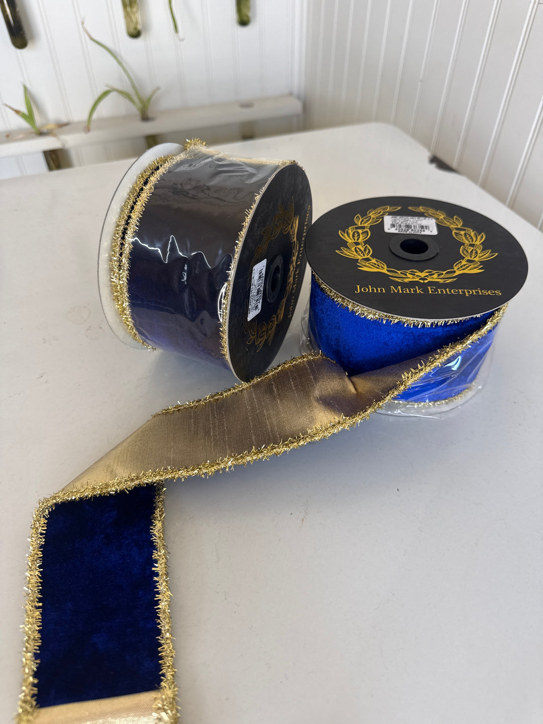 Velvet Metallic Dupion DBL Fused Tinsel Edge Blue Ribbon