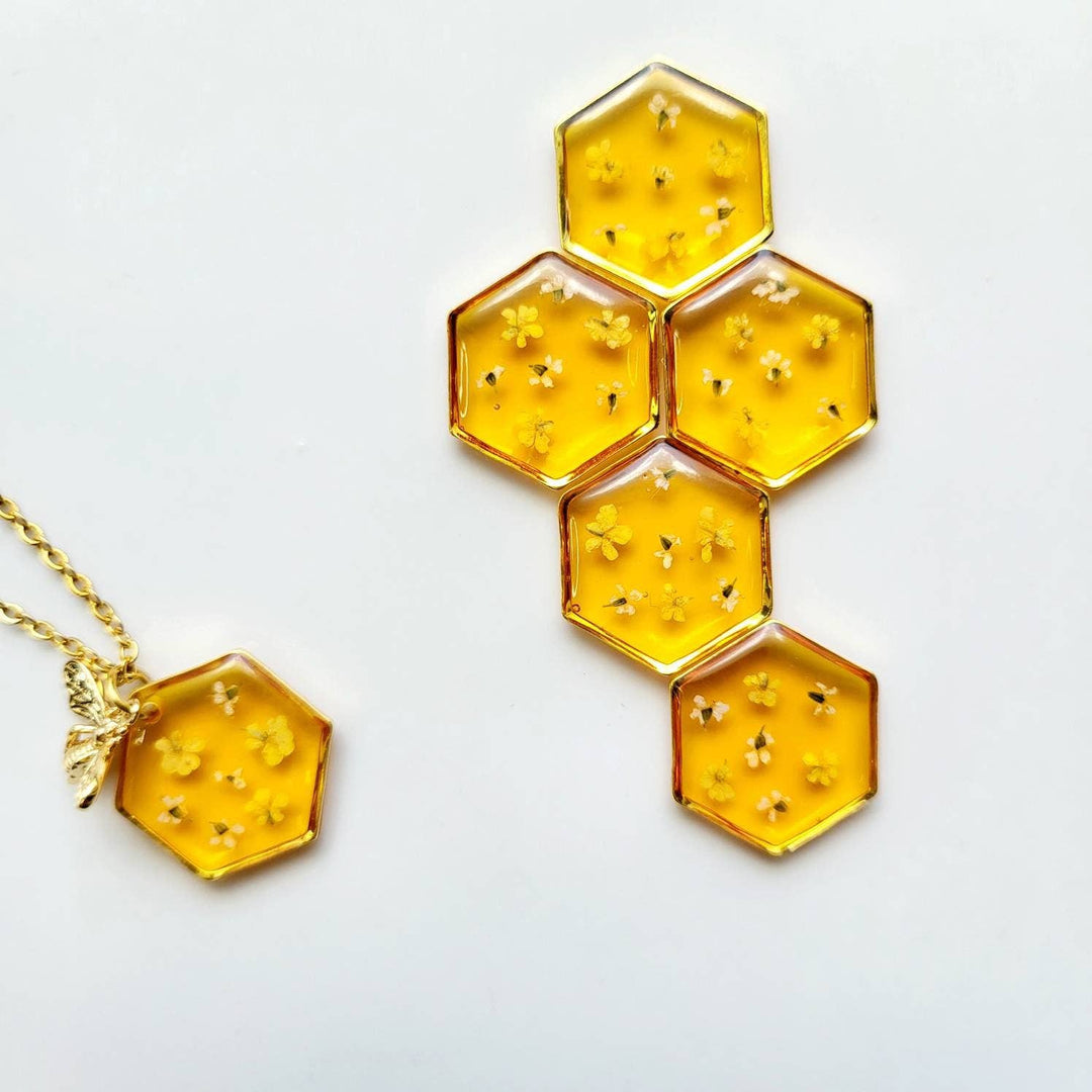 Gold Honey Bee Hexagon Pendant with Real Flower