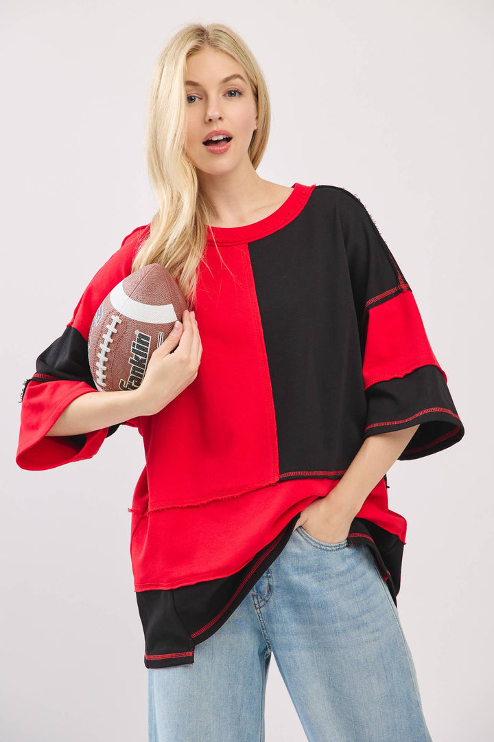 Oversized Color Block Top with Embroidered BULLDOGS & HOLIDAY