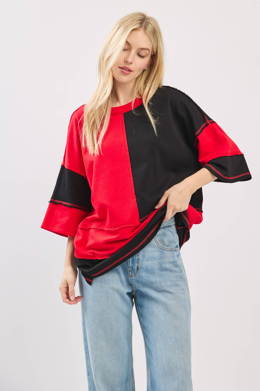 Oversized Color Block Top with Embroidered BULLDOGS & HOLIDAY