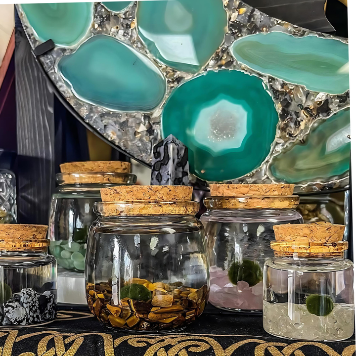 Small Marimo Moss Ball Terrarium with Clear Quartz Gemstones