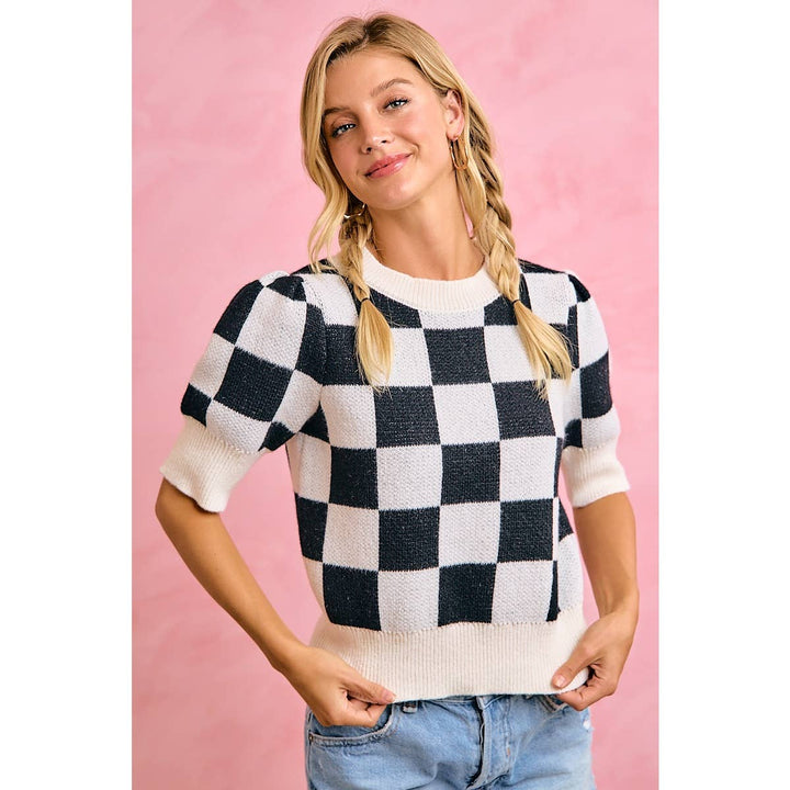 **PreOrder** GAMEDAY THEME CHECKER PATTERNED PUFF SLEEVES KNIT TOP