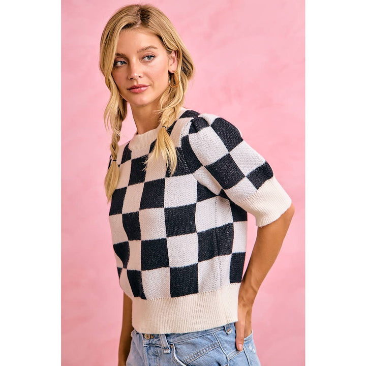 **PreOrder** GAMEDAY THEME CHECKER PATTERNED PUFF SLEEVES KNIT TOP