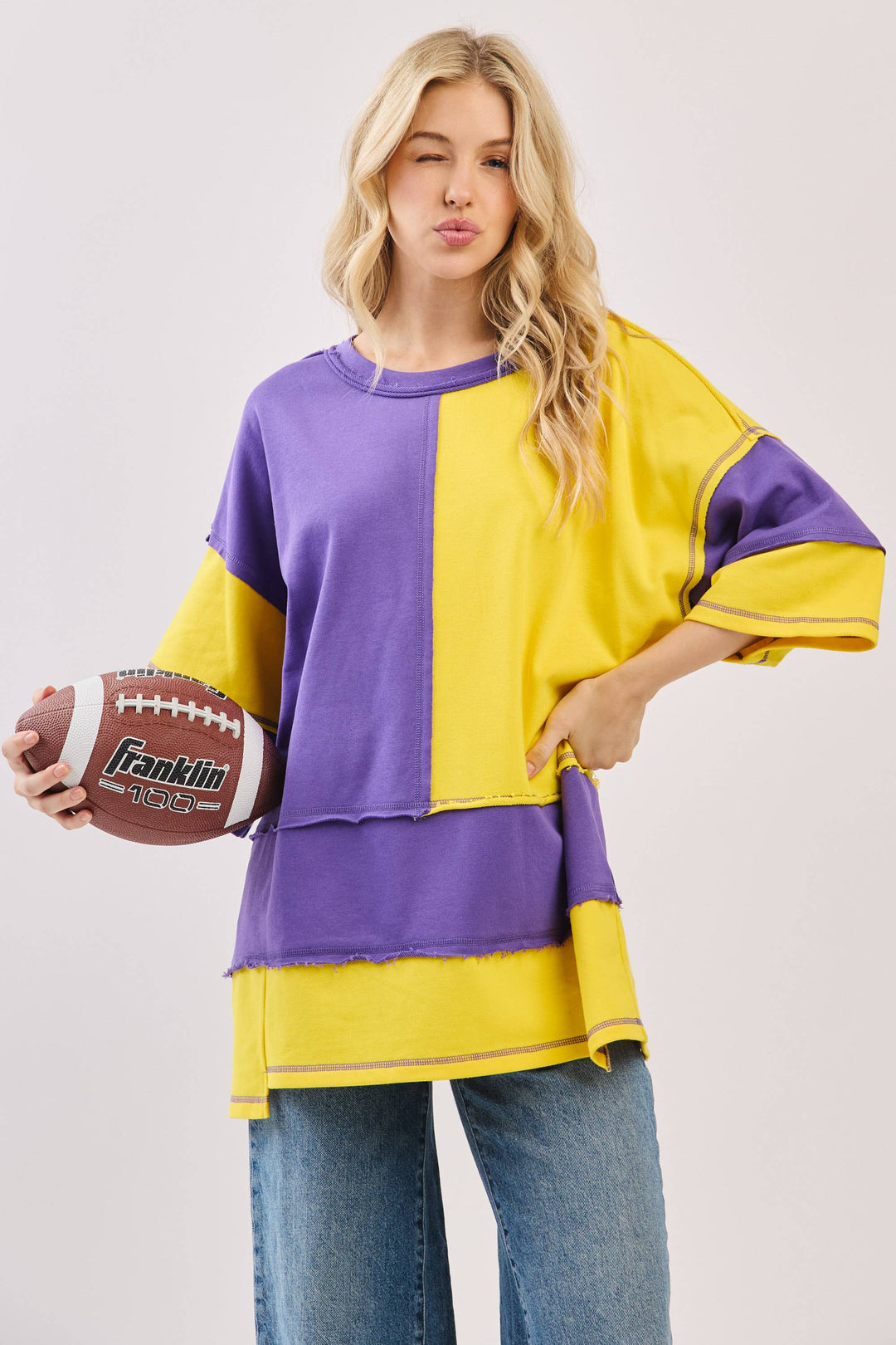 Oversized Color Block Top with Embroidered BULLDOGS & HOLIDAY