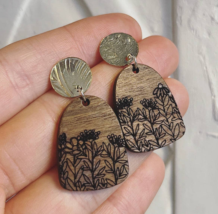 Floral Fusion Earrings: Vintage Tray and Wood Engraved Earrings