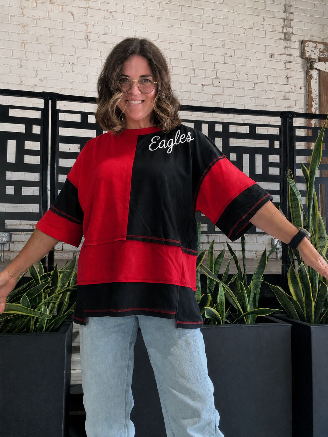 Oversized Color Block Top with Embroidered BULLDOGS & HOLIDAY