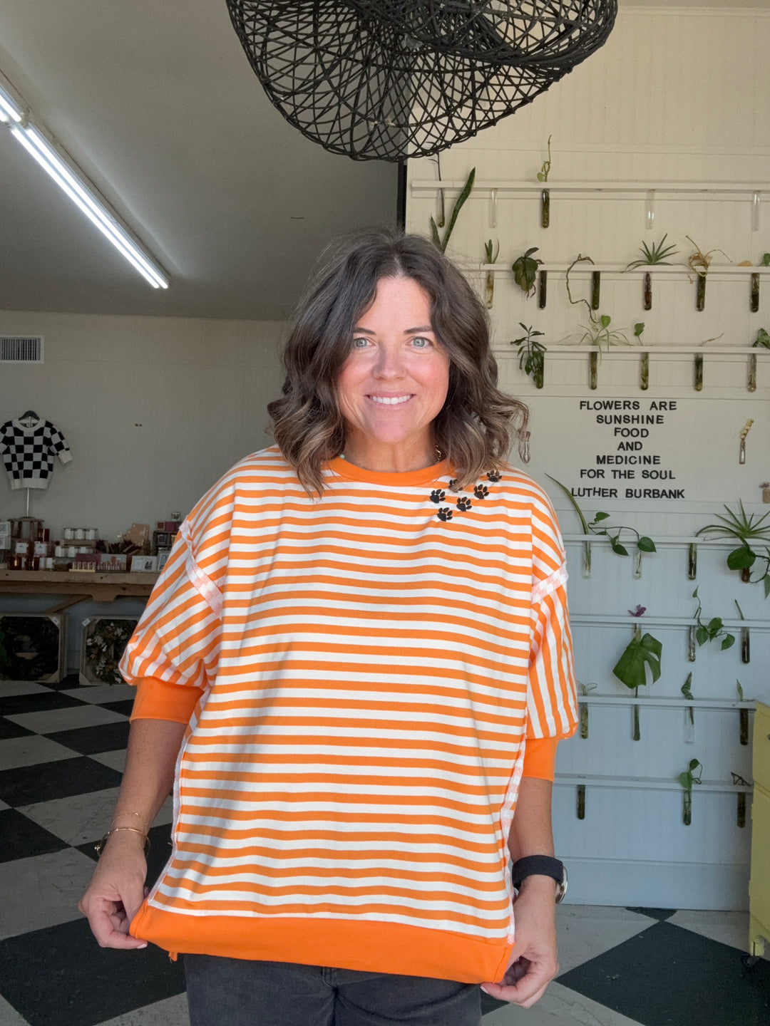 STRIPE TERRY SHORT SLEEVES OPEN SEAM DETAIL TOP
