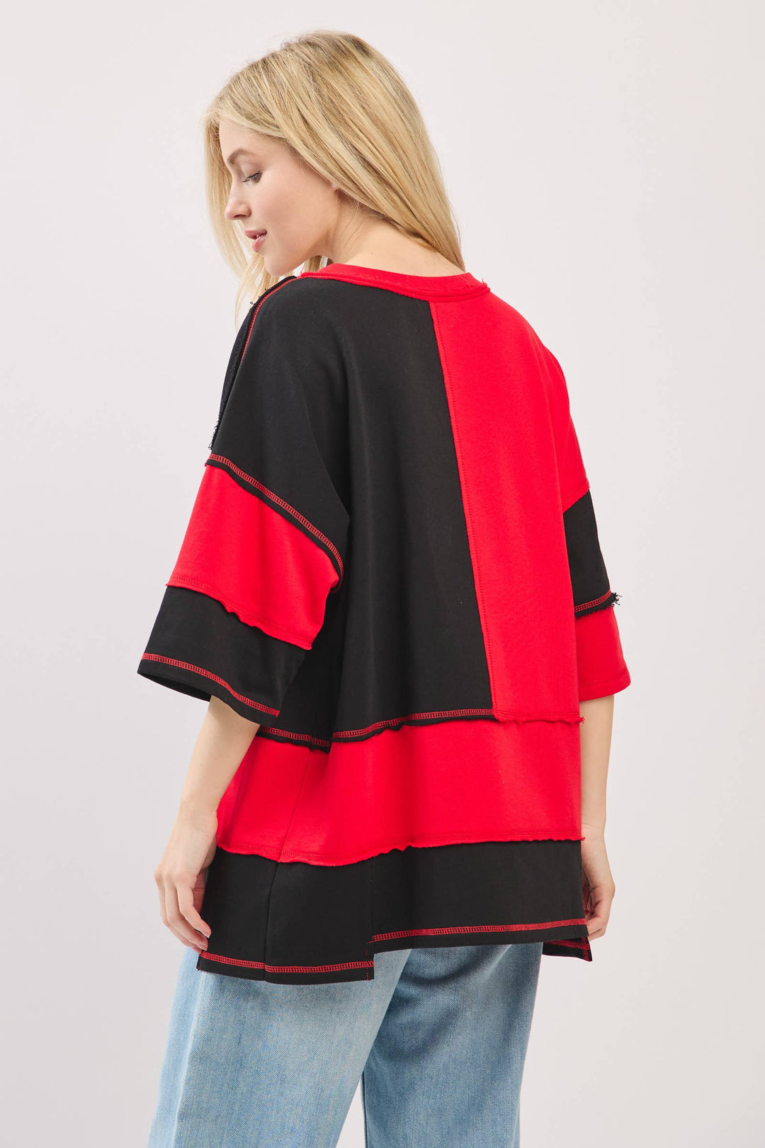 Oversized Color Block Top with Embroidered BULLDOGS & HOLIDAY