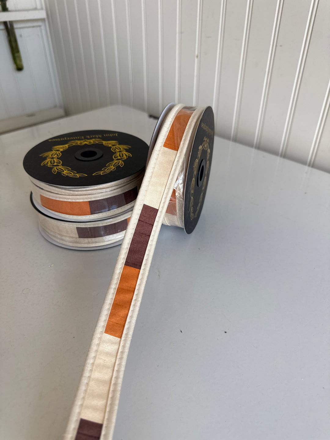 Dupion Block Stripe Brown/Cream/Orange Ribbon