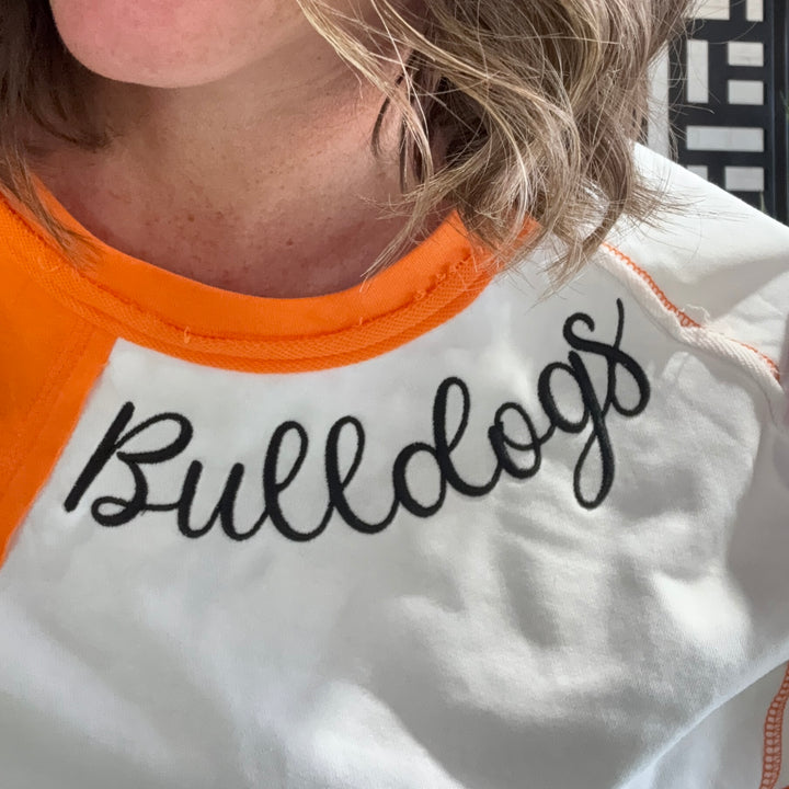 Oversized Color Block Top with Embroidered BULLDOGS & HOLIDAY