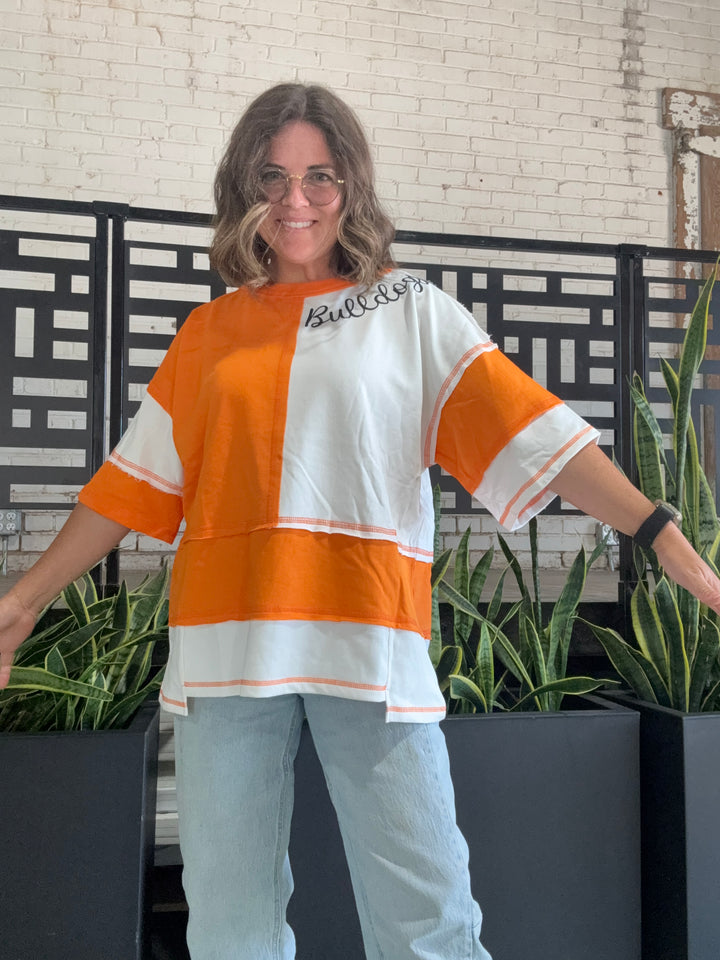 Oversized Color Block Top with Embroidered BULLDOGS & HOLIDAY