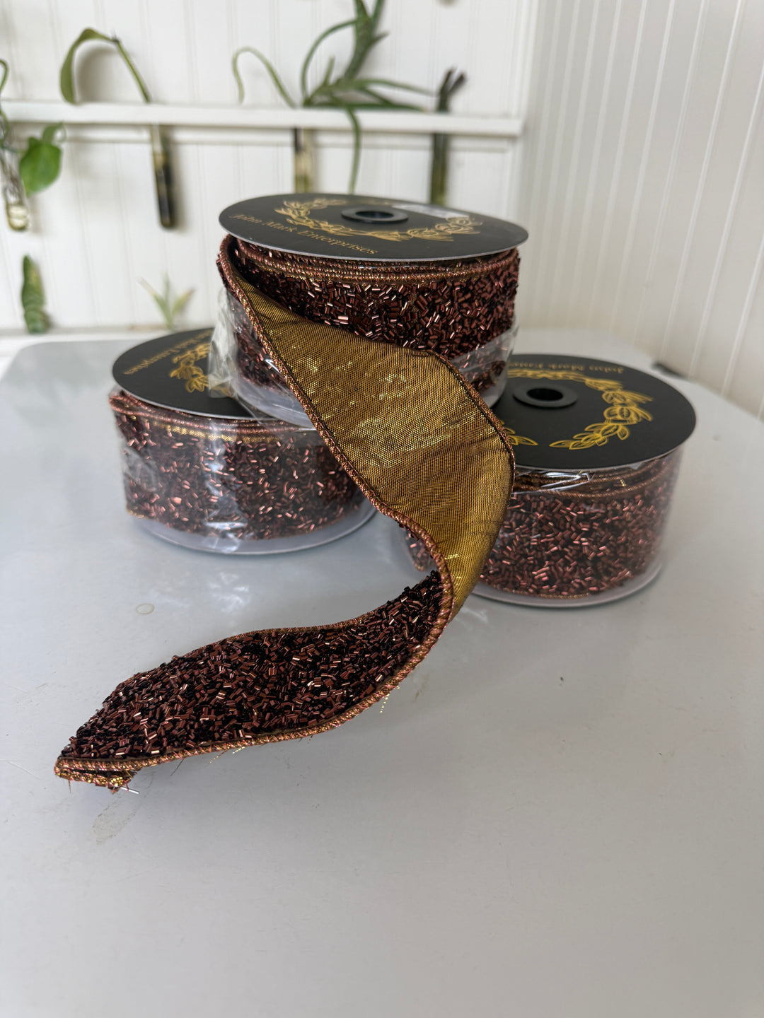Confetti Sprinkle Trim Metallic Dupion Brown/Gold Ribbon