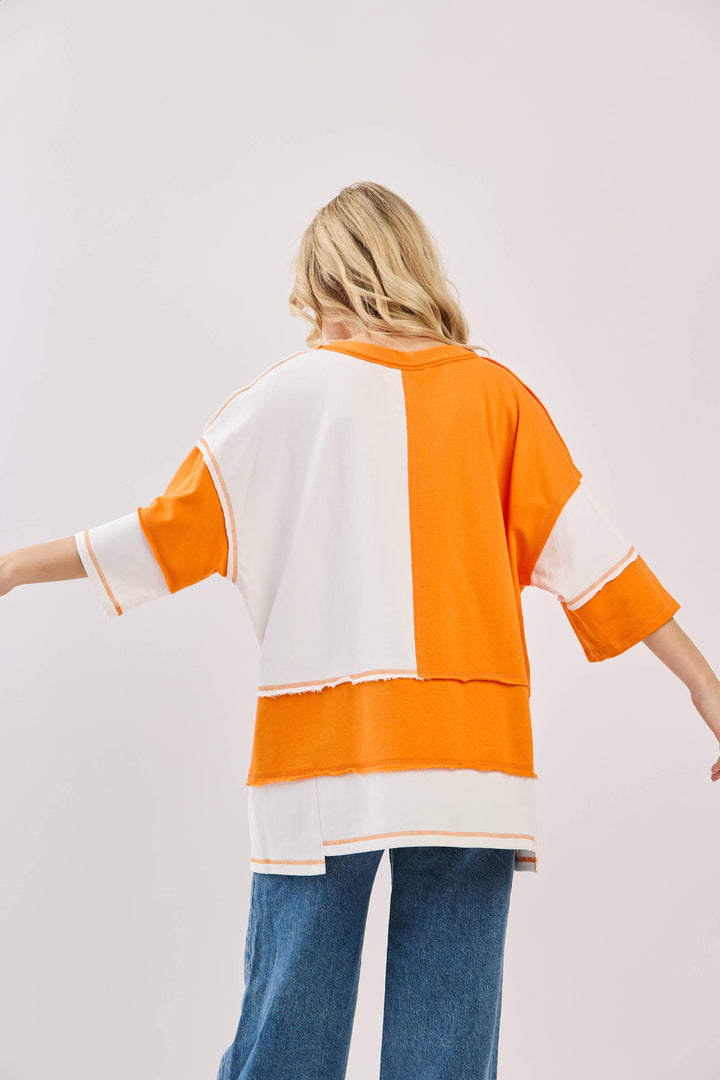 Oversized Color Block Top with Embroidered BULLDOGS & HOLIDAY