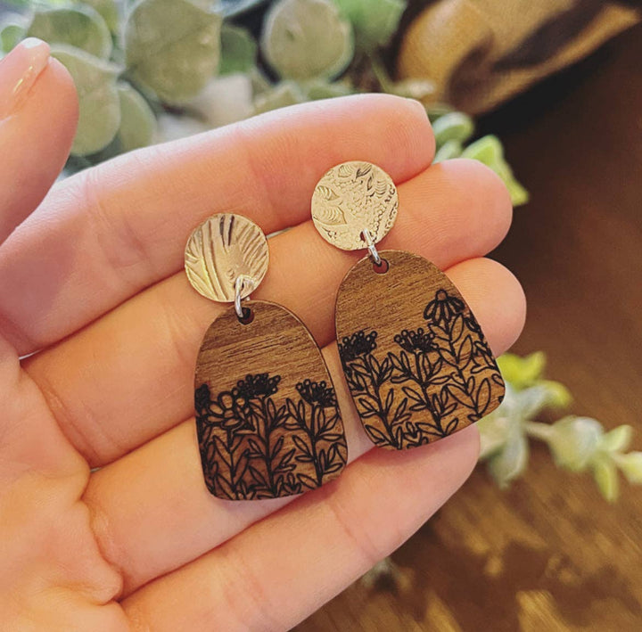 Floral Fusion Earrings: Vintage Tray and Wood Engraved Earrings