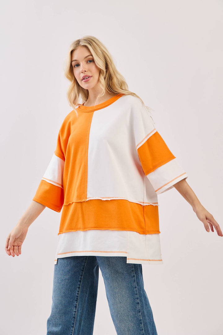 Oversized Color Block Top with Embroidered BULLDOGS & HOLIDAY