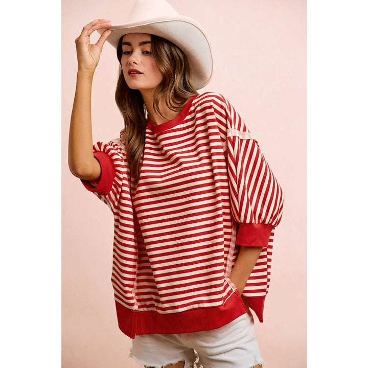 **preorder** STRIPE TERRY SHORT SLEEVES OPEN SEAM DETAIL TOP