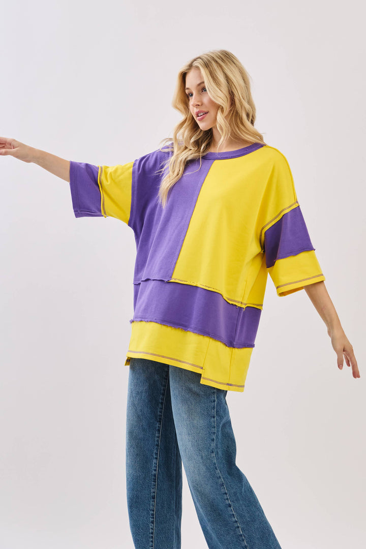Oversized Color Block Top with Embroidered BULLDOGS & HOLIDAY