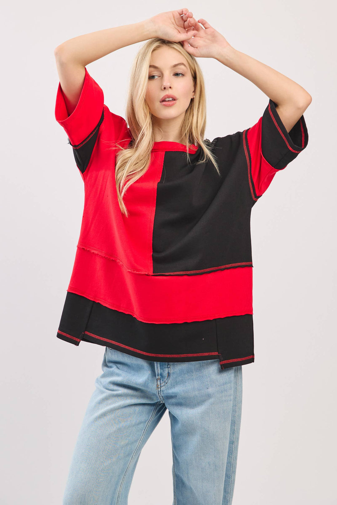 Oversized Color Block Top with Embroidered BULLDOGS & HOLIDAY