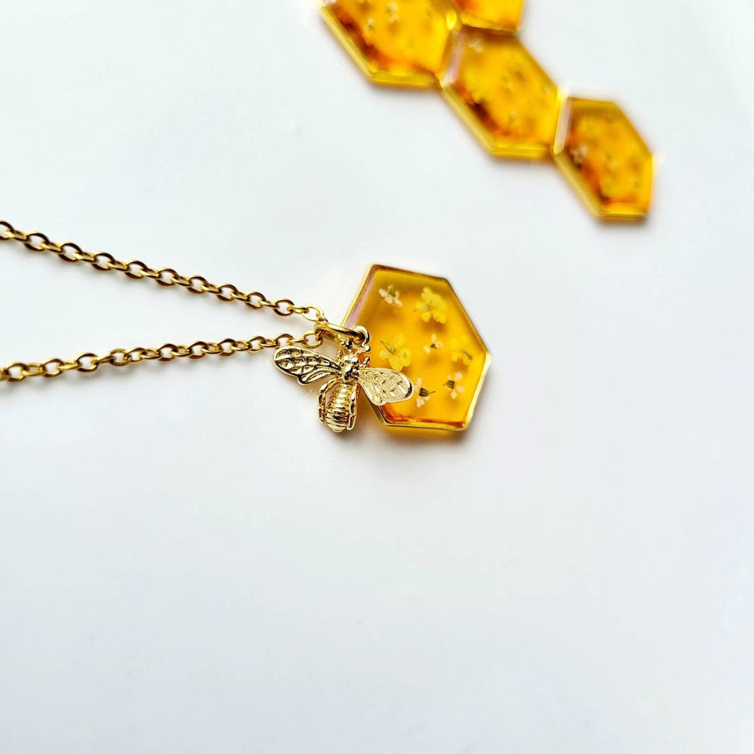 Gold Honey Bee Hexagon Pendant with Real Flower