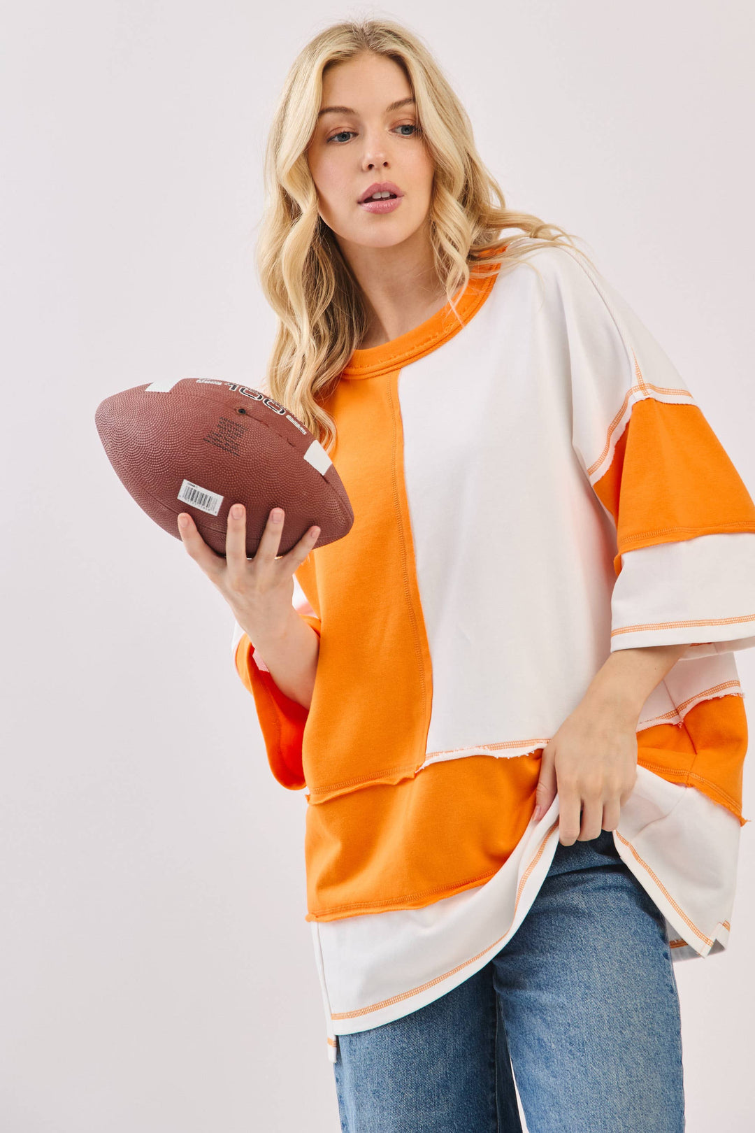 Oversized Color Block Top with Embroidered BULLDOGS & HOLIDAY