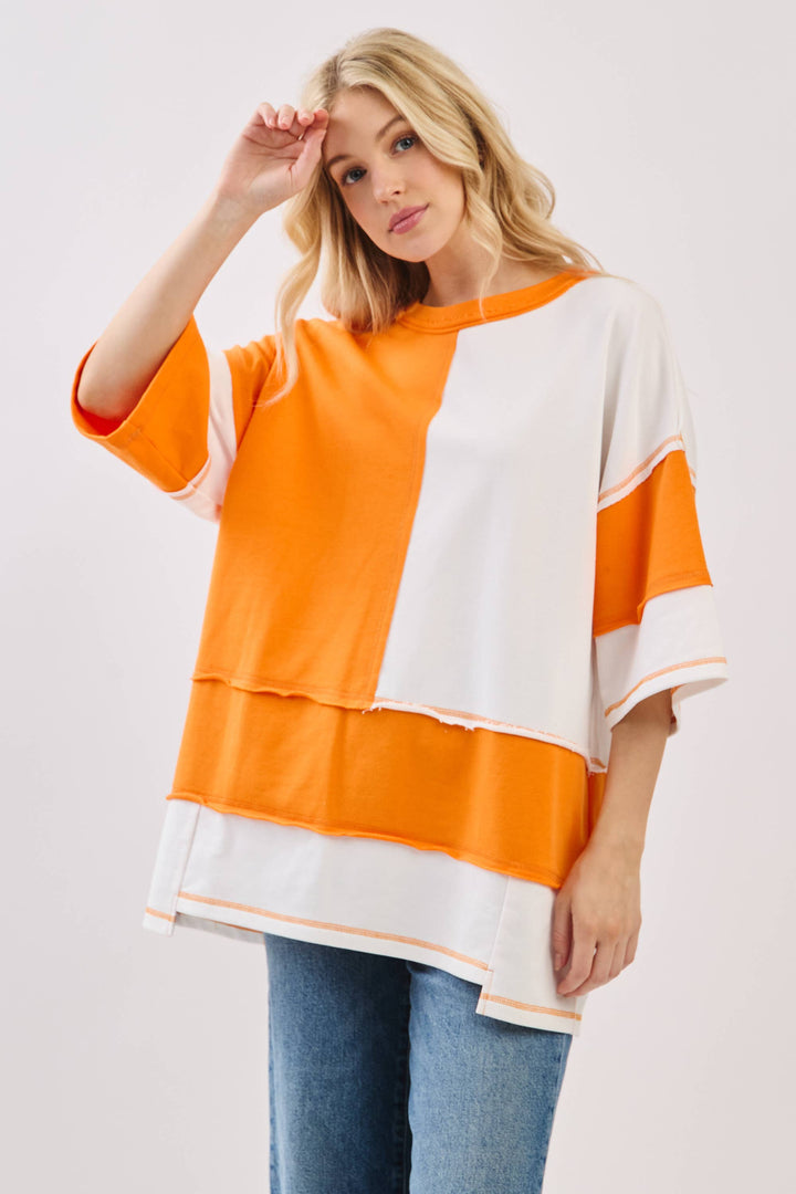 Oversized Color Block Top with Embroidered BULLDOGS & HOLIDAY
