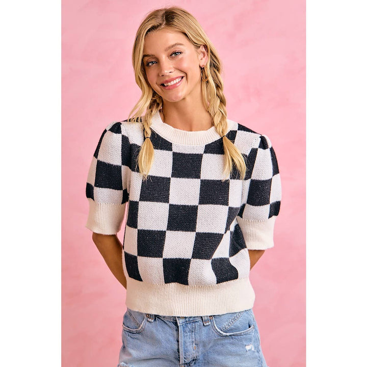 **PreOrder** GAMEDAY THEME CHECKER PATTERNED PUFF SLEEVES KNIT TOP