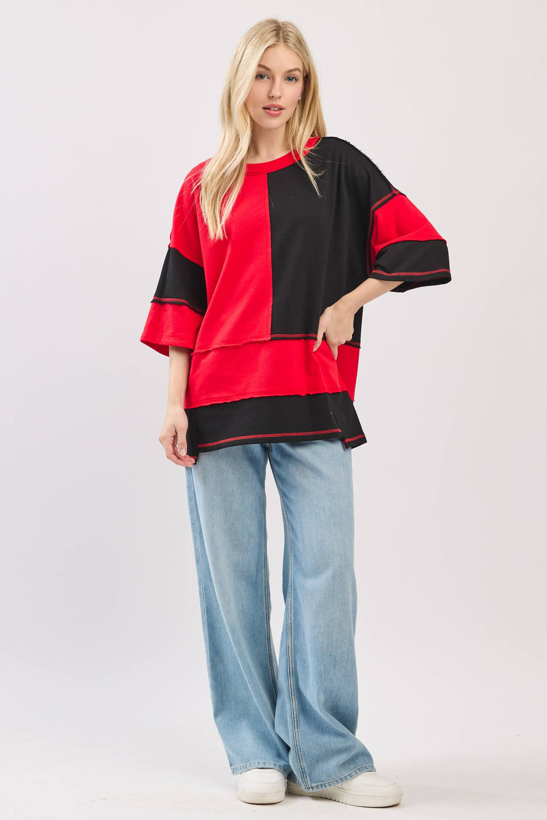 Oversized Color Block Top with Embroidered BULLDOGS & HOLIDAY