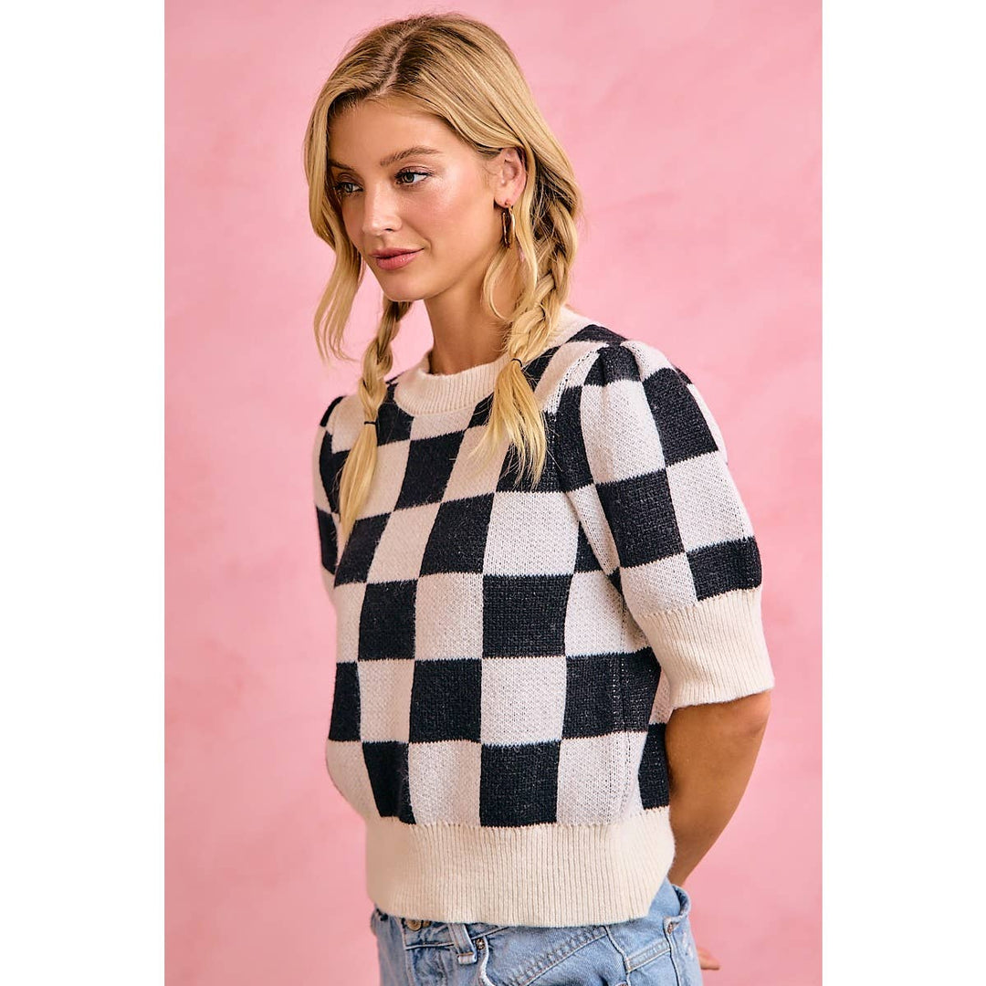 **PreOrder** GAMEDAY THEME CHECKER PATTERNED PUFF SLEEVES KNIT TOP