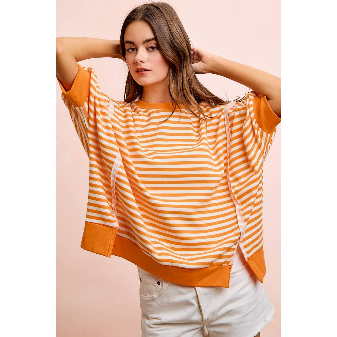 **preorder** STRIPE TERRY SHORT SLEEVES OPEN SEAM DETAIL TOP