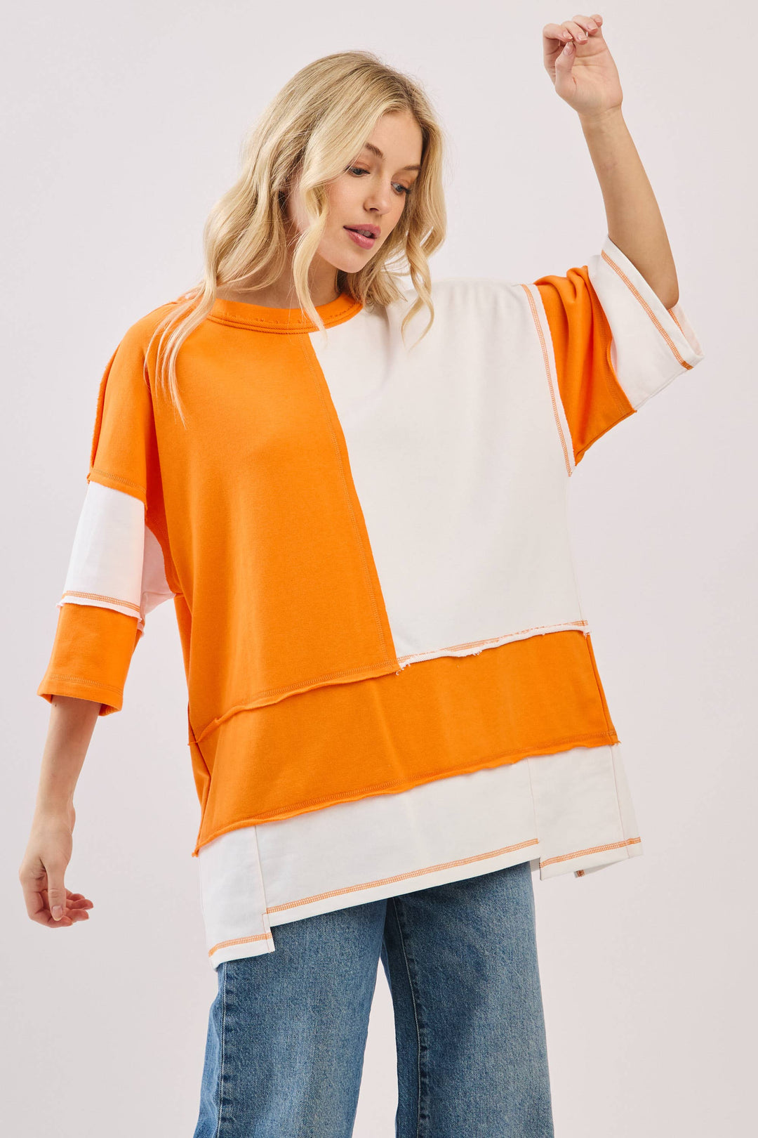 Oversized Color Block Top with Embroidered BULLDOGS & HOLIDAY