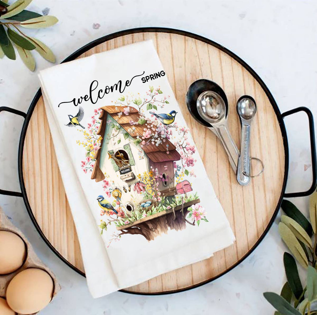 Burkburnett Welcome Spring Bird House Flowers Cotton Tea Towels